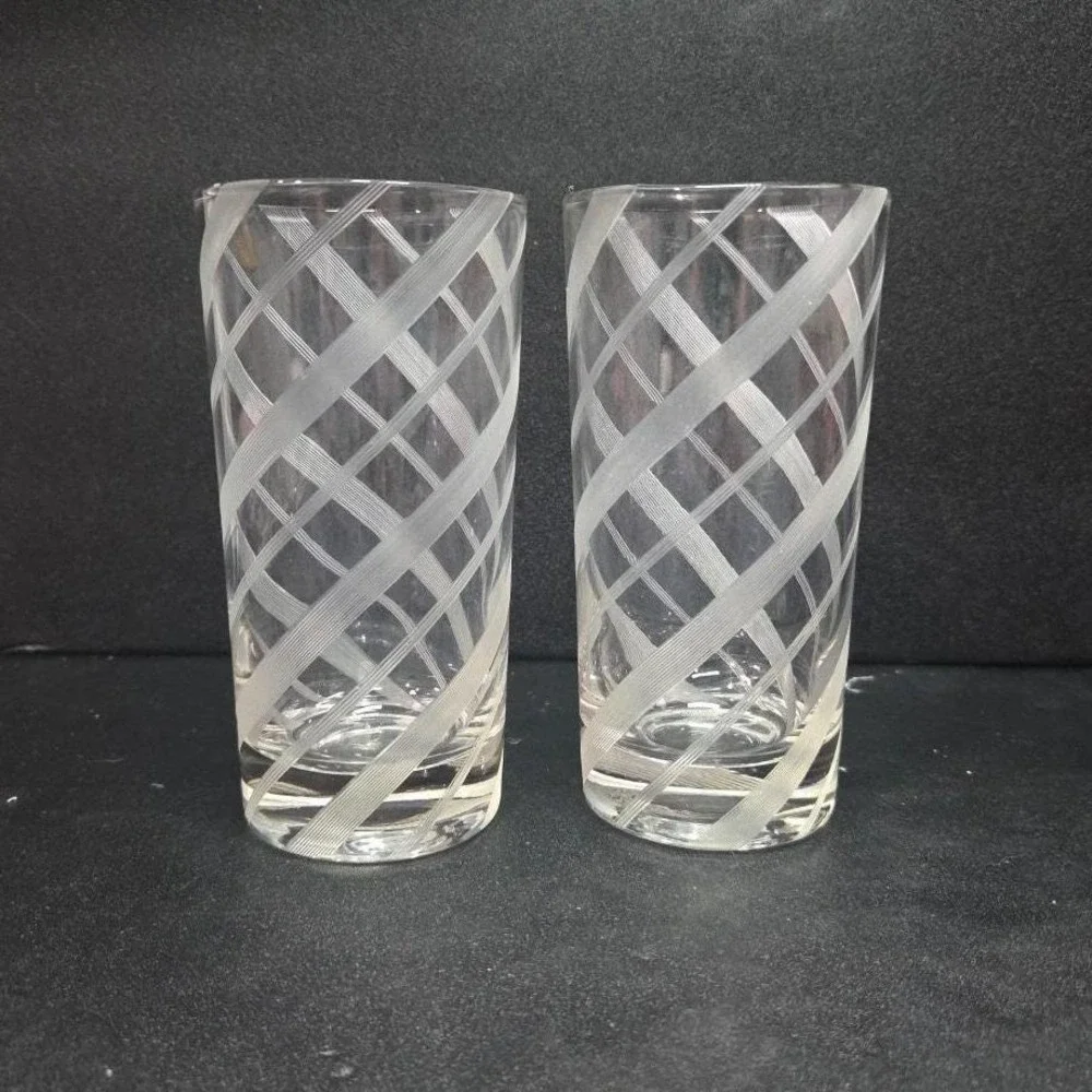 Federal‎ Style Glass Tumblers, Set of 2, Vintage Etched Striped Spiral Glasses